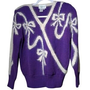 Vintage 80s Christine Purple Angora Bows Faux Pearls Sequin Sweater Women's M
